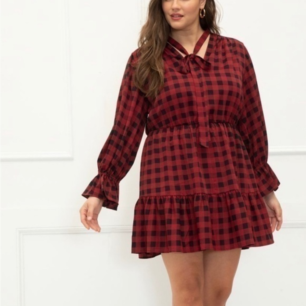 ELOQUII Elements Plus Size Buffalo Plaid Tie-Neck‎ Flounce Midi Dress, Size 18